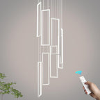 Modern Adjustable Height Pendant Light White 144W LED Pendant Lights 8 Rings Rectangular Chandelier Staircase Large Chandelier Lobby Living Room Kitchen Island Foyer High Ceiling Chandeliers