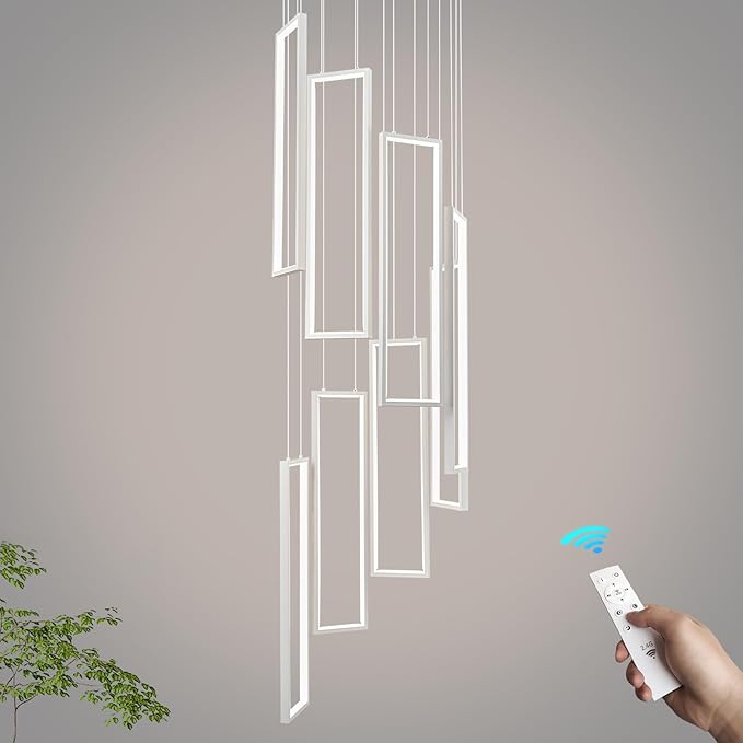 Modern Adjustable Height Pendant Light White 144W LED Pendant Lights 8 Rings Rectangular Chandelier Staircase Large Chandelier Lobby Living Room Kitchen Island Foyer High Ceiling Chandeliers