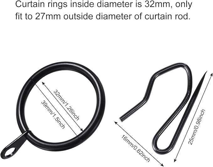 Hotop 30 Pcs Metal Drapery Curtain Rings 0.98/1.26/1.65 inch Interior Diameter and 30 Pcs Hanging Curtain Drapery Pin Hooks for Window Door Shower(32 mm,Black)
