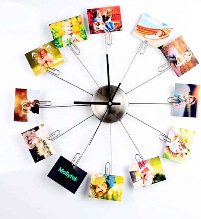 Mollytek Wall Clock Photo Collage Photo Wall Clock with Pictures Around It Wall Mounted Photo Display Clock with 16 Photo Clips for Hanging Prints, Instax, Polaroid, Holiday Cards,Artwork