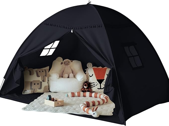 Sumbababy Full Size Bed Tent Canopy: Lights & Flags Indoor Floor Bed Kids Tent Playhouse - Space Blackout Sleeping Tents Indoor Breathable Portable Cottage Drafty Room Floor (Large Black)