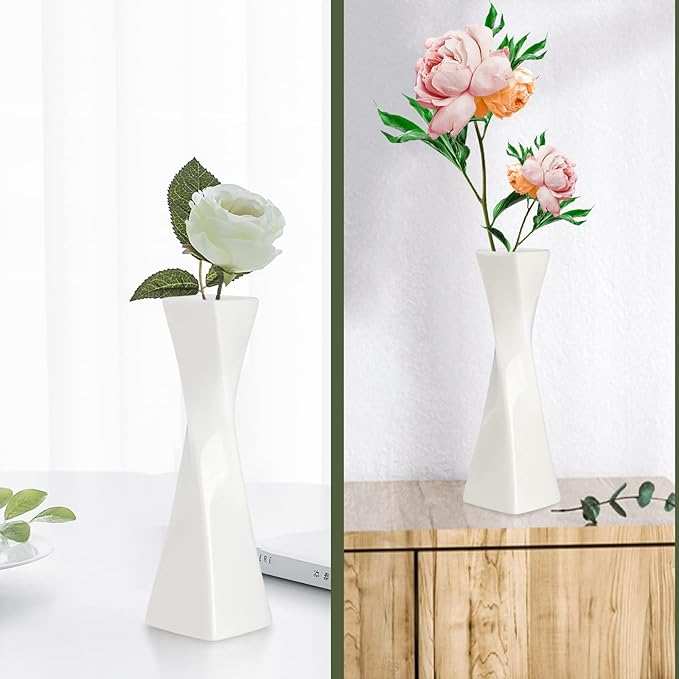 Bud Vase, White Small Ceramic Vase for Modern Home Decor, Flower Vase for Centerpieces Twist Minimalism Style Fit Table Shelf Fireplace Bedroom Kitchen Living Room Office