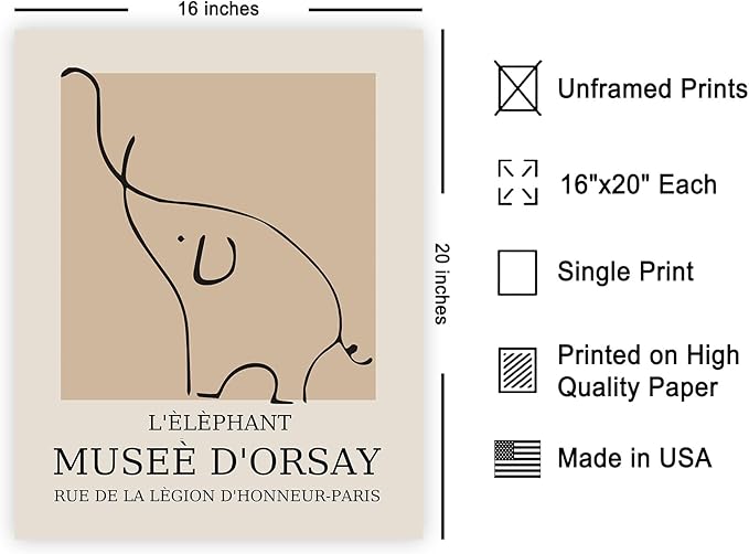 Poster Master Vintage Poster - Retro Elephant Print - Line Drawing Art - Sketch Wall Art - Gift for Boys & Girls - Cute Wall Decor for Bedroom, Kid's Room or Nursery - 16x20 UNFRAMED Wall Art