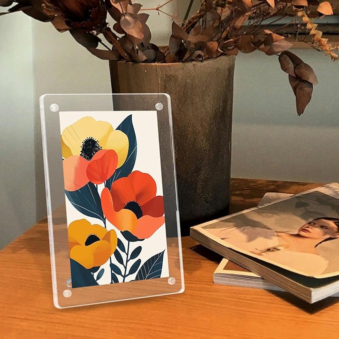 5x7 Picture Frame Clear Acrylic Magnetic Tabletop Photo Frame Frameless with Removable Magnetic Stand for Home/Office Desk/Table Picture/Note Display, 2 Pack (Clear, 5 * 7 in)