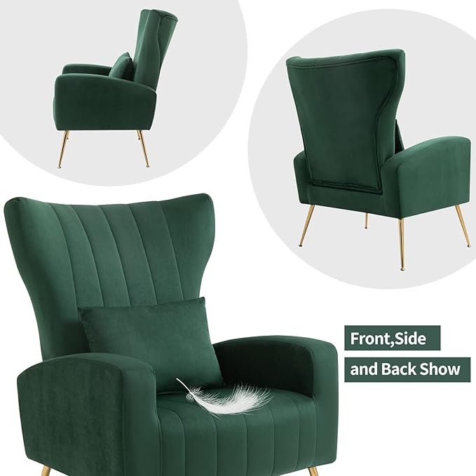 X-VOLSPORT Velvet Accent Chairs Set of 2, Mid Century Modern High Back Living Room Chair with Waist Pillow, Upholstered Arm Chair with Metal Gold Legs for Bedroom, Club, Green
