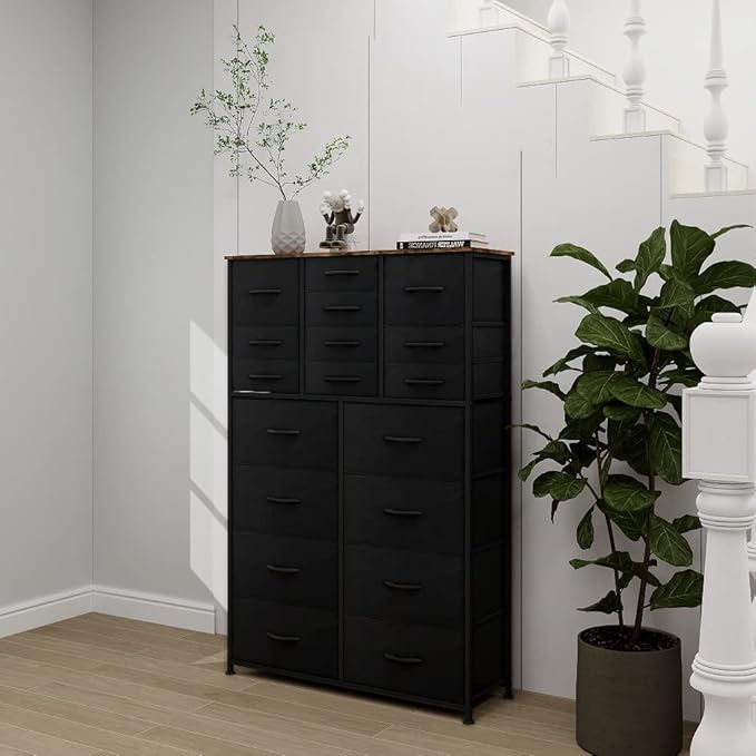 Dresser for Bedroom with 18 Drawers, Tall Fabric Storage Dresser, Chest of Drawers for Closet, Nursery, Bedside, Living Room, Laundry, Entryway, Hallway (Black)