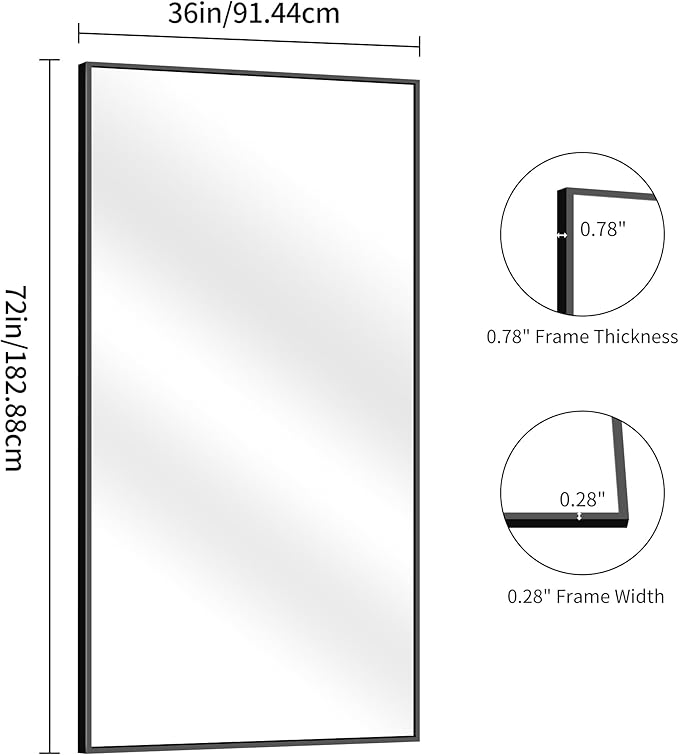 YIROMAN Bathroom Mirror 72"x36", Large Matte Black Bathroom Mirror for Over Sink with Aluminum Frame, Rectangular Vanity Mirror with Right Angle, Wall Mirror Hangs Horizontal or Vertical, Shatterproof