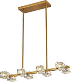 Dining Room Light Fixture,Gold Modern Crystal Chandelier Rectangular Pendant Light with 8 Light Farmhouse Chandeliers for Kitchen Island Dining Room Living Room Bedroom