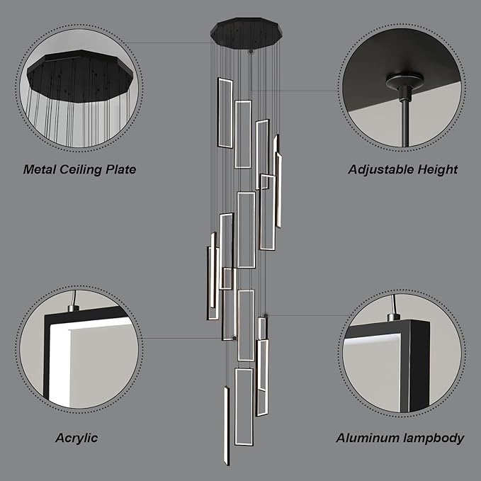 Modern Adjustable Height Pendant Light Fixture Black 288W LED Pendant Lights 16 Rings Rectangular Chandelier Staircase Large Chandelier Lobby Living Room Foyer High Ceiling Chandeliers