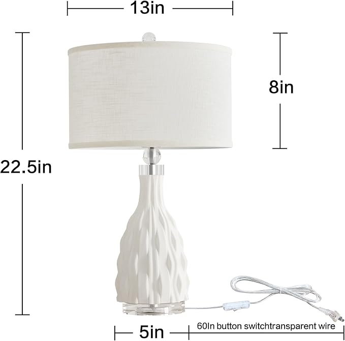 Modern White Textured Ceramic Table Lamps 22.5In, Plug in Table Lamp Decor for Office Living Room Bedroom Bedside Nightstand