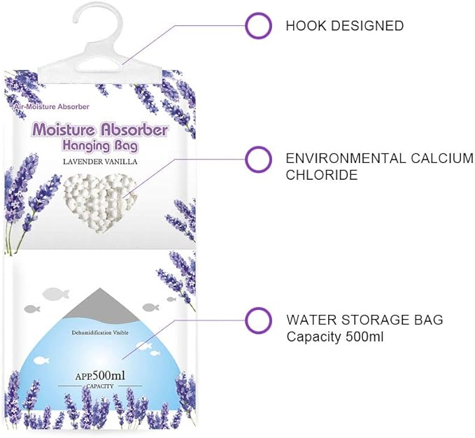CANAGER Hanging Moisture Absorber, Lavender Vanilla Moistureproof Hanging Bag，Dehumidifier Bag (8 packs) Hanging Closet Dehumidifier Bags, Moisture Absorb 12.5 oz