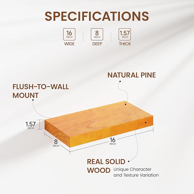 Heimlove Wooden Floating Shelves for Wall,2 Packs 16 inches Natural Pine Solid Wood Bathroom Shelf Over Toilet Decor and Storage 8 inches Deep for Kitchen Bedroom Office & Living Room Wall Decor