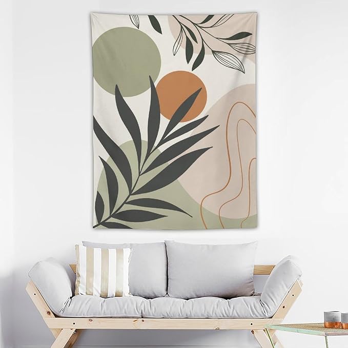 Abstract Bohemian Mid Century Tapestry, Tropical Leaves Modern Geometric Archway Minimalist Bohemian Botanical Aesthetic Wall Hanging, Sage Green Gold Home Decor Art for Bedroom 60x80 Inch