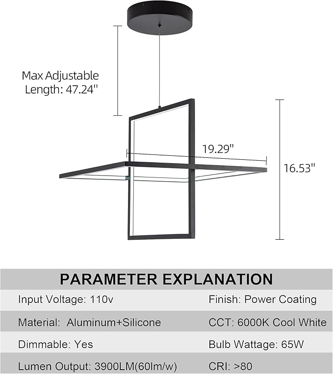 Modern LED Chandelier - Square Pendant Light, Contemporary Style, Dimmable for Living, Dining, Bedroom, Kitchen, Study Room - 65W, 6000K Cool Light (Black)