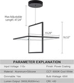 Modern LED Chandelier - Square Pendant Light, Contemporary Style, Dimmable for Living, Dining, Bedroom, Kitchen, Study Room - 65W, 6000K Cool Light (Black)