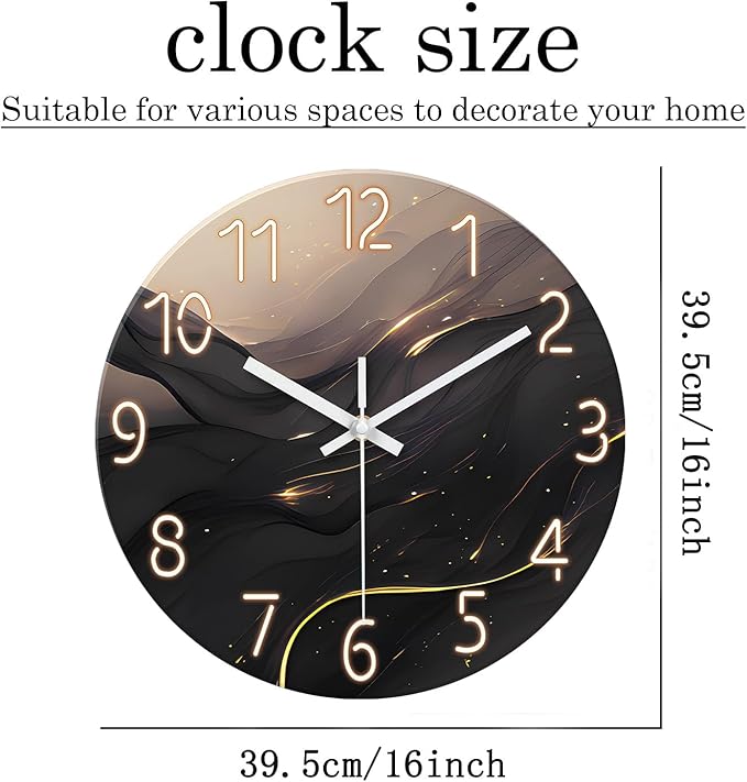 Large Wall Clocks Battery Operated 16 Inch Marble Glass Wall Clock for Living Room Black and Glod Wall Clock Silent Non Ticking