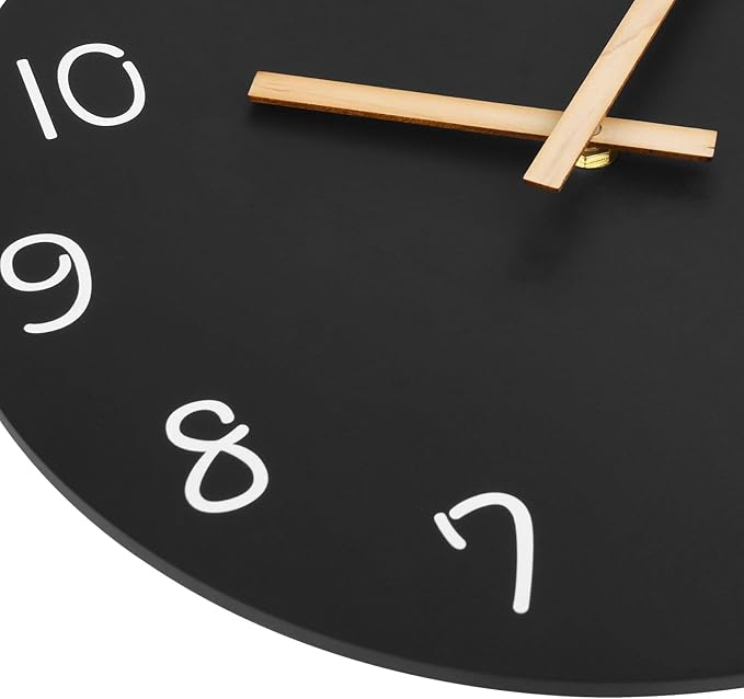 Plumeet 12'' Wooden Wall Clock Frameless Clocks with Silent Quartz Movement - Modern Style Village Wall Clocks Decorative Home Kitchen - Battery Operated (Black)