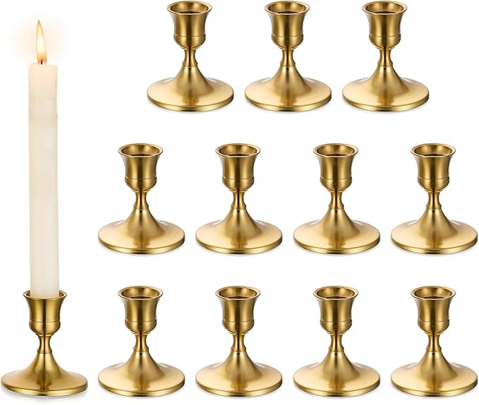 Romadedi Gold Candlestick Candle Holders for Taper, 12 PCS Gold Brass Color Candle Stick Candle Holder for Table Centerpiece, Wedding Reception, Festive Christmas Mantel Decoration or Home Decor