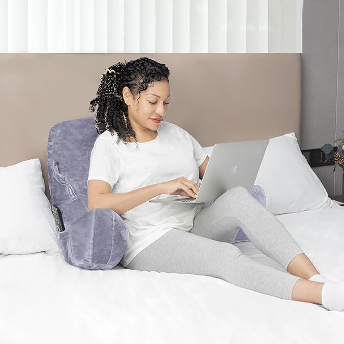 SLIGUY Reading Pillow Standard Bed Pillow for Sitting in Bed Couch or Floor-Backrest with Arms Support and Pockets, Adult Back Pillow Bed Chair for Bed Rest, Reading, Watching TV,Gaming, Grey