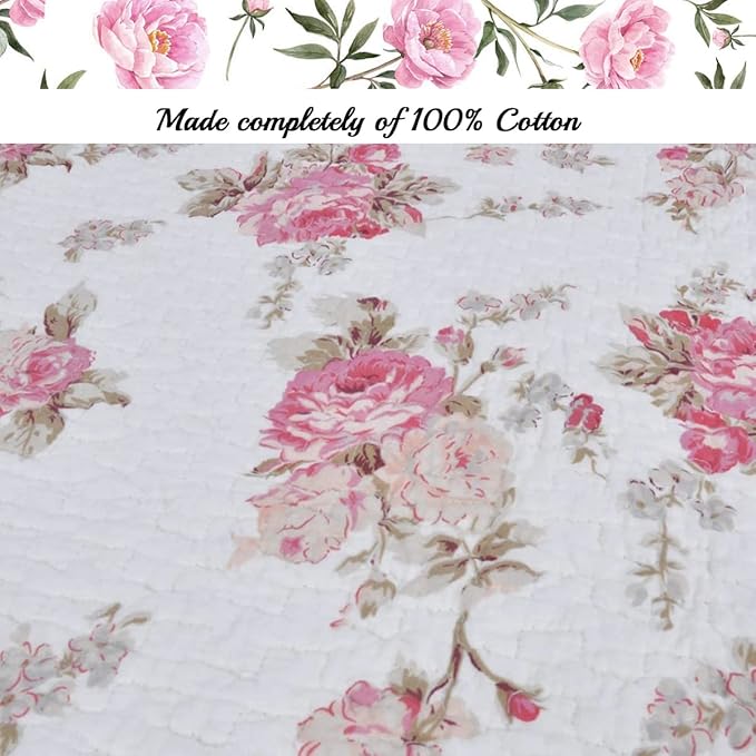 Cozy Line Home Fashions Vintage Floral Reversible 100% Cotton Bedding Quilted Throw Blanket, Reversible & Lightweight, 60" x 50" Inch (Throw, Pink Peony)