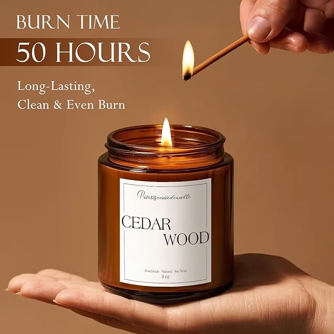 Cedar Wood Candles for Home Scented, Natural Soy Aromatherapy Non Toxic Candles with Long Lasting Fragrance & Clean Burn, Luxury Jar Candle Gifts for Women, Men, Home Decoration 9oz