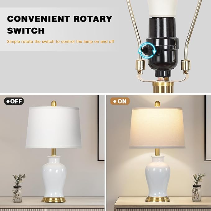 Modern Ceramic Table Lamps Set of 2, 23" White Ceramic Lamps for Living Room, Rustic Farmhouse Bedside Lamp with Ginger Jar Design, Elegant Bedroom Lamp for Nightstand Desk Side End Table Home Decor