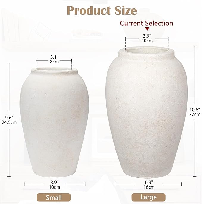 Handcrafted Flower Vase, 10.5" Tall Terracotta Vases, Vintage White Vase, Rustic Antique Décor, Wide Mouth, Matte Finish for Home Office Resto Café Decoration
