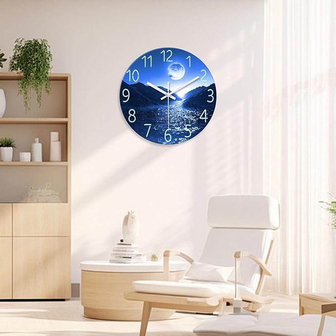 XFM Blue Moon Wall Clock Battery Operated 24 Inch Modern Silent Non Ticking Large Decorative Wall Clocks for Kitchen Living Room Bedroom