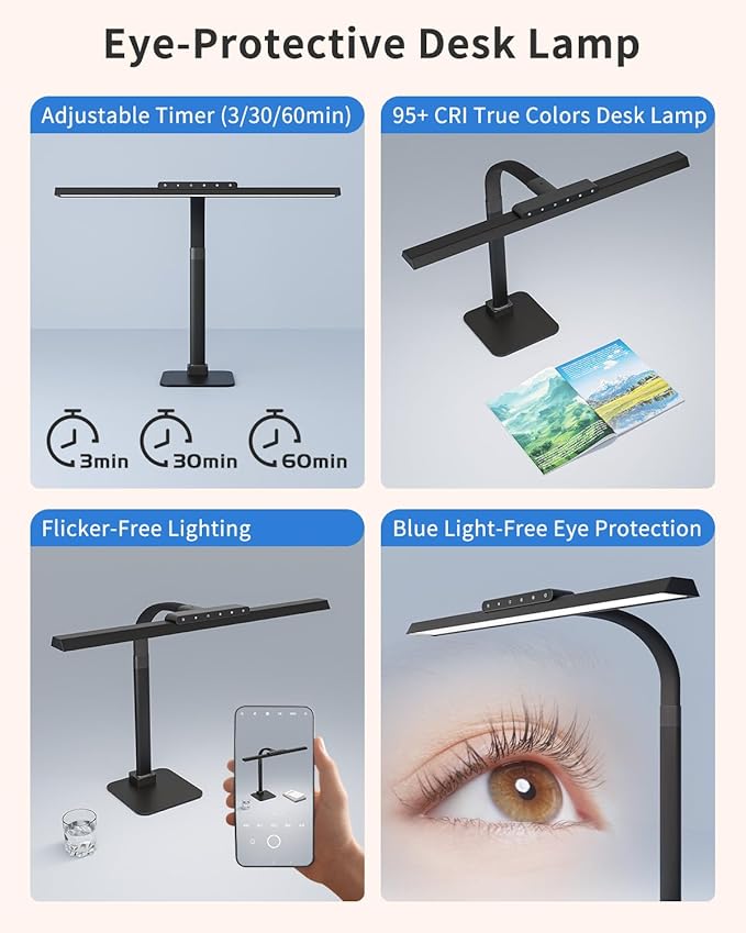 Desk Lamps for Office with Stable Base, 24W Touch Control Brightness Adjustable Tall Desk Lights, Eye-Caring Architect Task Light, Dimmable Brightness & Color Computer Lights for Desktop, Black