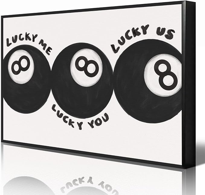 Black 8 Ball Poster, Lucky Me Lucky You Lucky Us Quote Canvas Wall Art, Playful Billiards Balls Picture Print, Retro 8ball Pool Painting for Bar Cart Game Room Man Caves Wall 8x12in Unframed