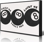 Black 8 Ball Poster, Lucky Me Lucky You Lucky Us Quote Canvas Wall Art, Playful Billiards Balls Picture Print, Retro 8ball Pool Painting for Bar Cart Game Room Man Caves Wall 24x36in Unframed