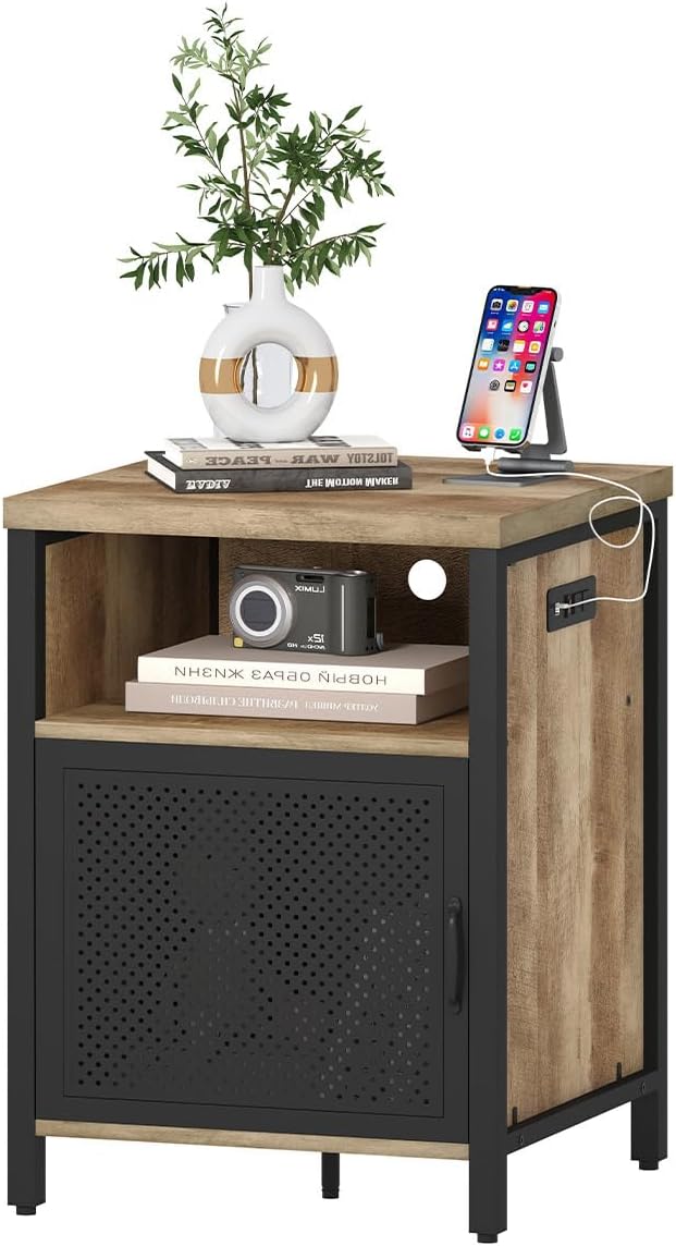 FATORRI End Table with Storage, Rustic Side Table for Living Room, Narrow Wood and Metal Bedside Tables with Door (Rustic Oak)