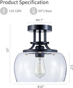 WUZUPS Chandelier Rustic Farmhouse Industrial Round Semi-flushmount Ceiling LED Light Fixture with Clear Glass Shades for Bathroom Kitchen Foyer Entryway, H 10" x W 10", E26 Base, Black