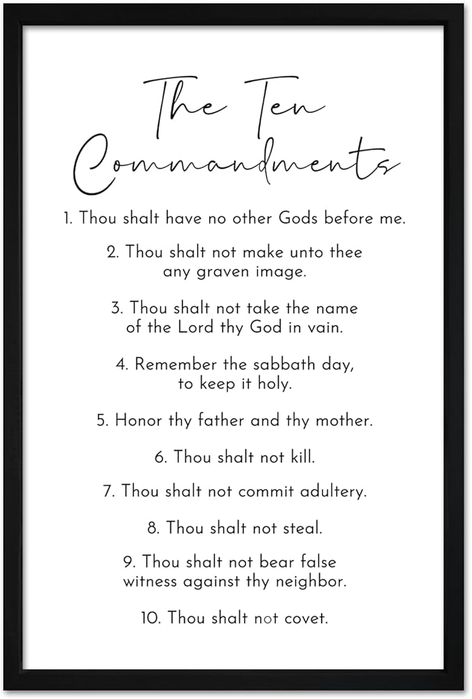 flowtorely The Ten Commandments Sign Bible Verse Wall Decor 24"X16" Christian Catholic Scripture Large Wooden Framed Wall Hanging Art (Black)