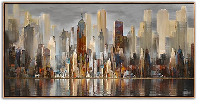 Mofutinpo Abstract Modern Canvas Wall Art for Living Room Cityscape New York Wall Decor City Theme Paintings Brown Framed Pictures Office Artwork Wall Decor Bedroom Above Bed