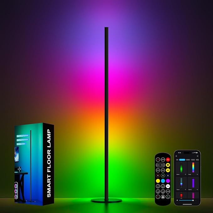RGB IC Corner Floor Lamp, Upgraded LED Corner Lamp APP and Remote Control, 16 Million Colors and Warm White, Music Sync, Timing Function, Color Changing Ambient Light for Living Room Bedroom Gaming