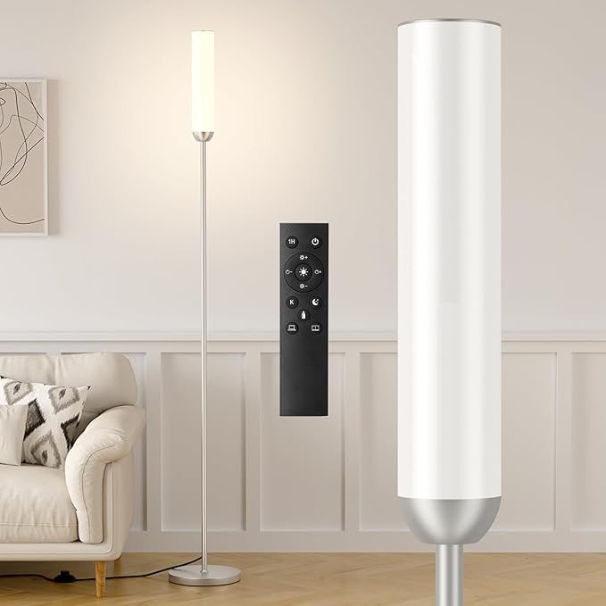 LED Floor Lamp with Remote Control, 65" Standing lamp with Stepless Adjustable 3000K-6500K Colors & 5%-100% Brightness, Foot Switch(Silver)