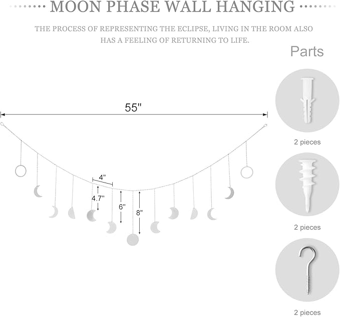 Mkono Moon Phase Wall Hanging Boho Aesthetic Room Decor Metal Moons Garland Hanging Art Bohemian Home Decoration for Girls Room Nursery Bedroom Livingroom Dorm, Ideal, Silver, 55"