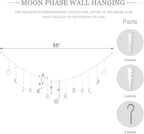 Mkono Moon Phase Wall Hanging Boho Aesthetic Room Decor Metal Moons Garland Hanging Art Bohemian Home Decoration for Girls Room Nursery Bedroom Livingroom Dorm, Ideal, Silver, 55"