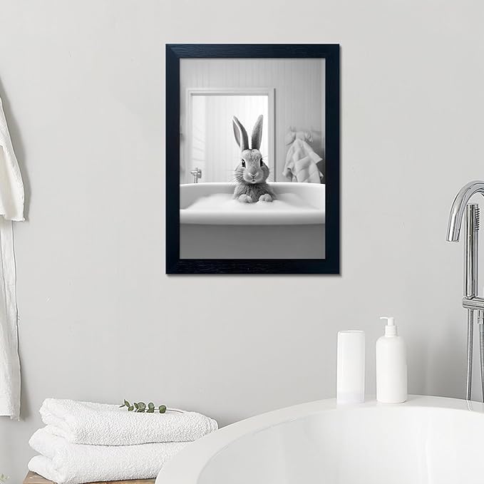 Funny Kids Bathroom Wall Decor, Black and White Cute Animal Canvas Wall Art, Black Framed Rabbit in Bathtub Farmhouse Picture Wall Decor Print Artworks for Bathroom