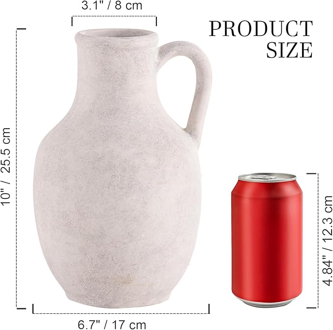 Ceramic Flower Vase Home Decor - 10 Inch Large White Rustic Table Flowers Vases Living Room Bedroom Plant Decorations Farmhouse Vintage for Kitchen Shelf Office Coffee Dining Desk House Women