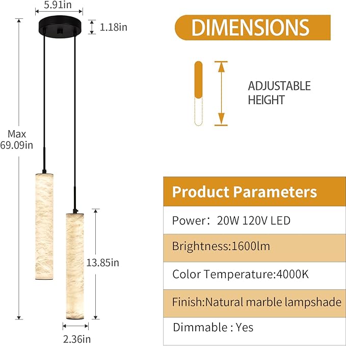 LMQNINE Natural Alabaster Pendant Lights for Kitchen Island White Marble Long Tube Chandelier Modern Black Ceiling Light Fixtures for Bedroom Dining Room Table Living Room Hallway(M-2Light)