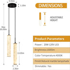 LMQNINE Natural Alabaster Pendant Lights for Kitchen Island White Marble Long Tube Chandelier Modern Black Ceiling Light Fixtures for Bedroom Dining Room Table Living Room Hallway(M-2Light)