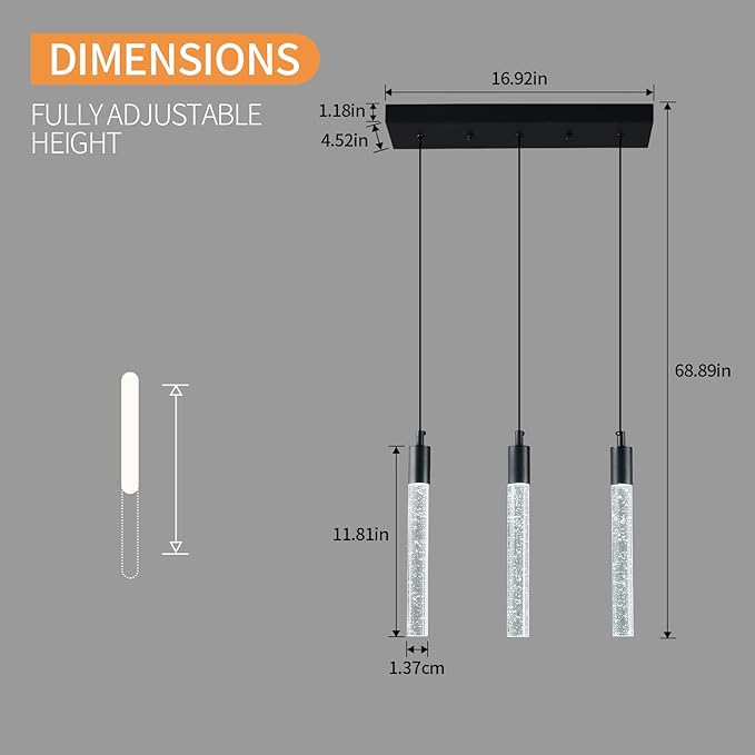 Kitchen Island Lighting Modern Light Fixture Black Pendant Light Dimmable LED Black Finish Mini Crystal Pendant Lights for Dining Room Living Room（3-Light ）