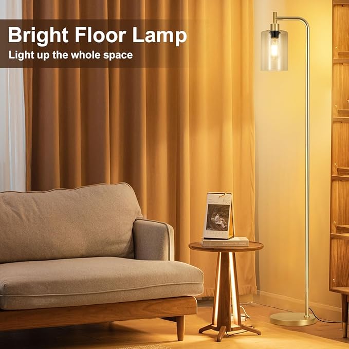 Floor Lamps for Living Room - Industrial Standing Lamp with Glass Shade, Modern Gold Floor Lamp with LED Bulbs, Farmhouse Floor Lamp for Bedroom, Tall Lamp for Office - Gold