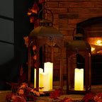 Glitzhome Set of 2 Mondern Farmhouse Wooden Lantern Hanging Decorative Candle Lanterns for Outdoor & Indoor Brown (No Glass)