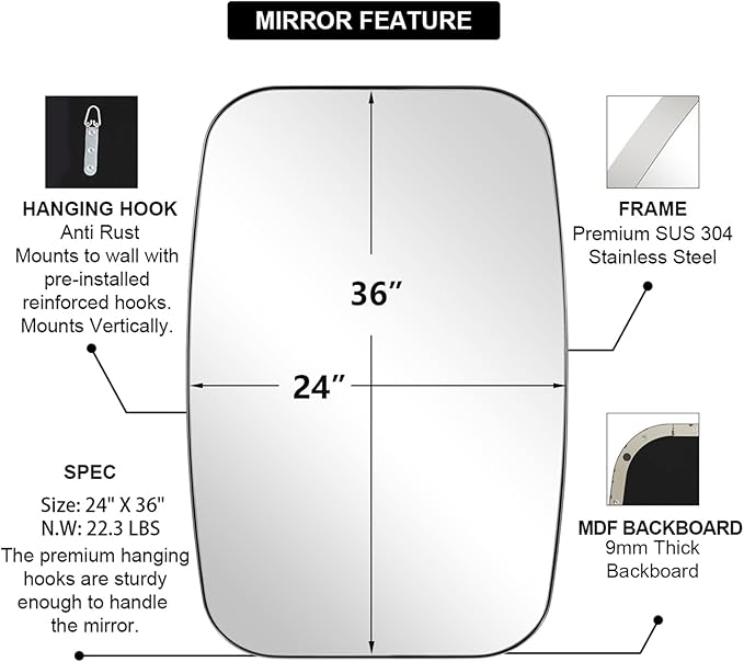 ANDY STAR Chrome Bathroom Mirror, 24x36 Inch Polished Chrome Oval Mirror for Bathroom with Stainless Steel Metal Frame, Oblong Mirror for Living Room, Entryway