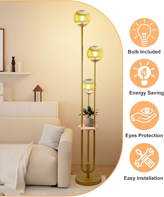 Lightdot Glass Floor Lamp with Shelf, 63IN Dimmable Mid Century Modern Gold Standing Lamps with 3 3000K Soft Warm White Bulbs Included, Globe Floor Lamp for Living Room/Wedding/Office