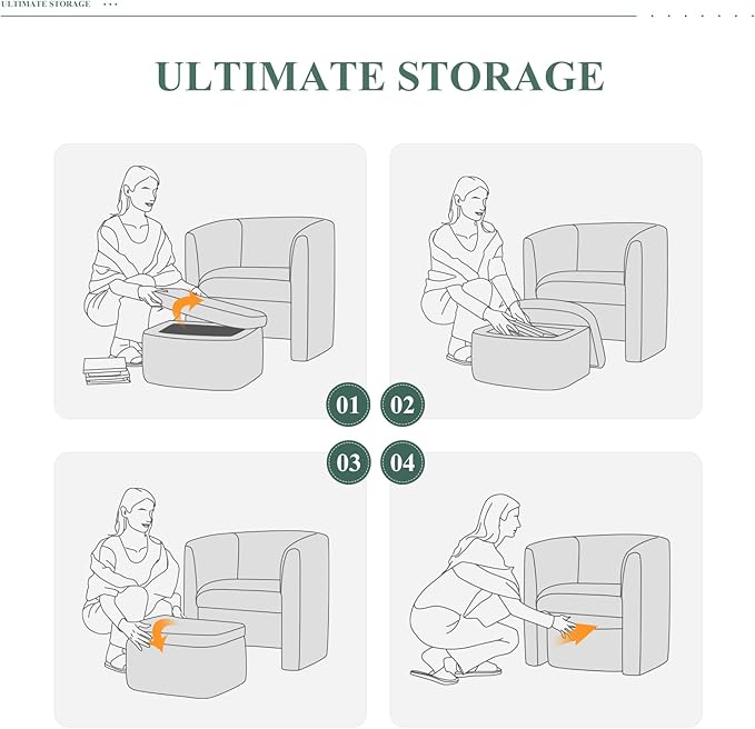 Mid-Century Velvet Living Room Chair with Storage Ottoman, Space-Saving Accent Chairs for Bedroom/Reading Spaces/Office, Cream