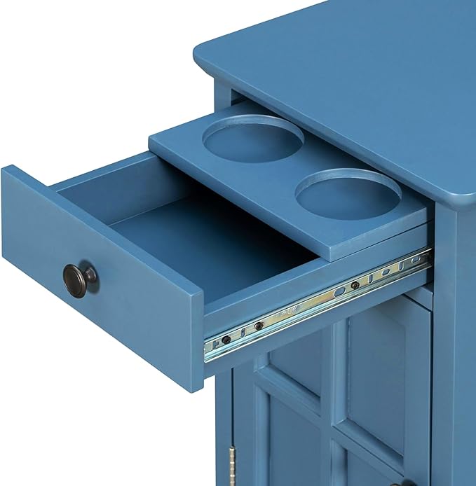 Traditional Wood Narrow End Table with Charging Station, Modern Vintage Sofa Side Table Storage & Multifunctional Drawer, Antique Navy Set of 2 for Living Room, Bedroom, Office, No Assembly